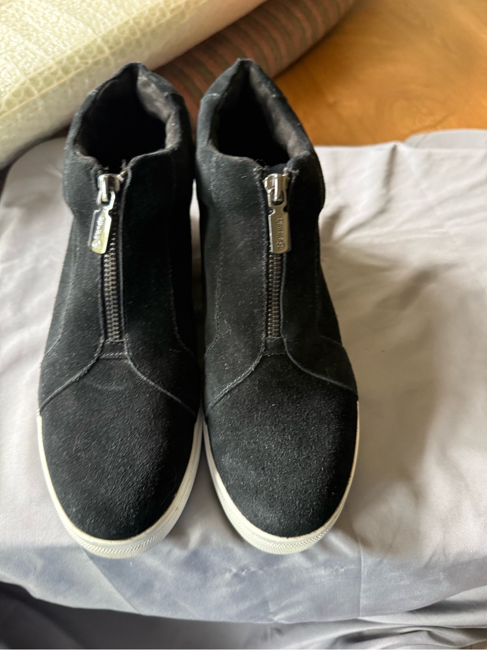 Blondo Glenda Black Suede Front-Zip Ankle Wedge Sneaker
